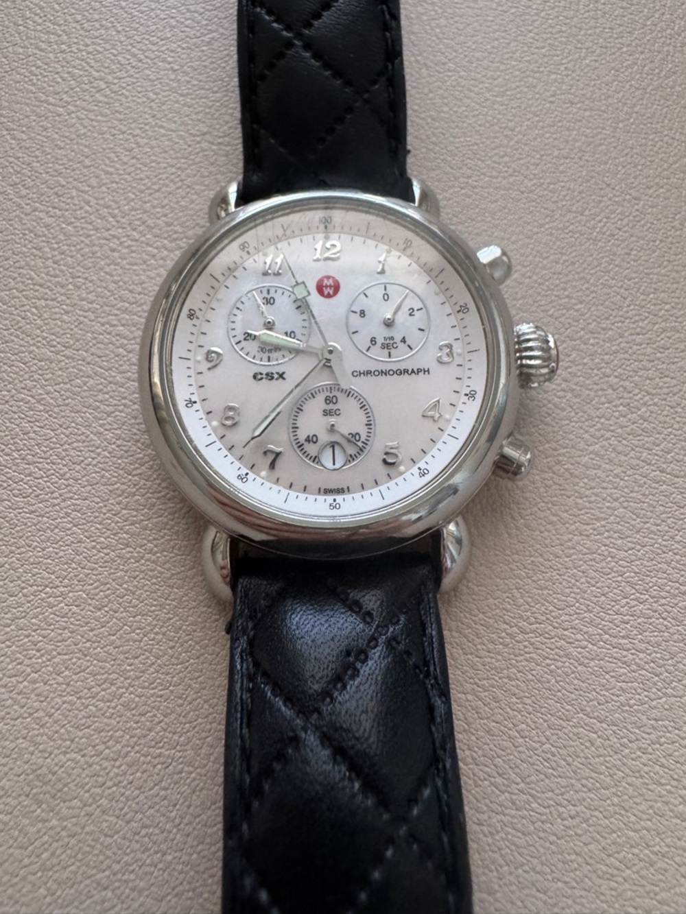MW CSX Chronograph Silver Dial Black Quilted Leather Strap Watch